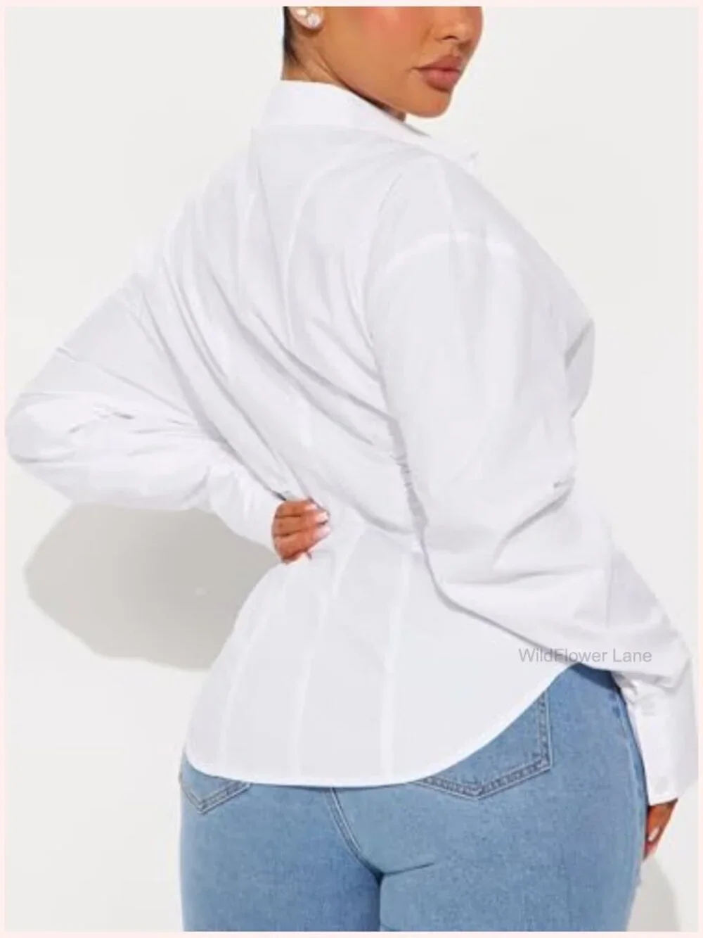 Cinched Waist Button Down Long Sleeve Blouse Office to Weekend Top